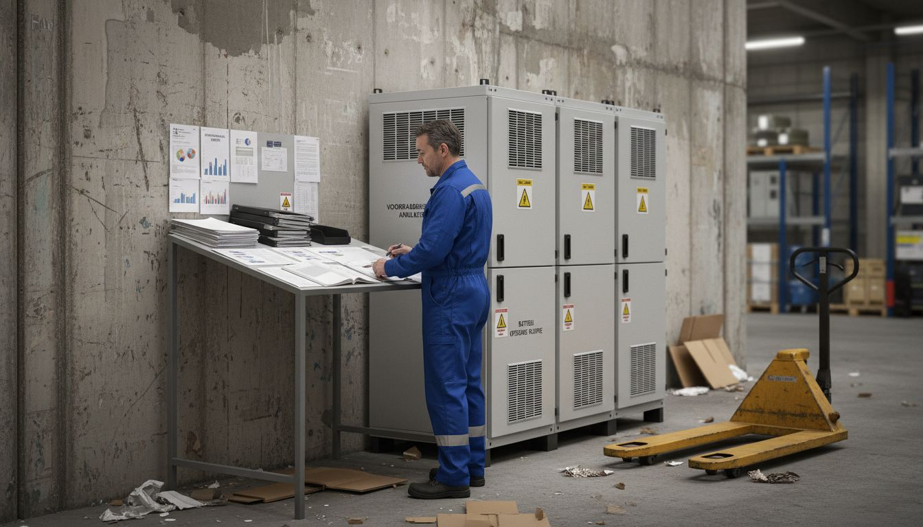 Een logistiek magazijn waar een manager toezicht houdt op de opslag van batterijen.