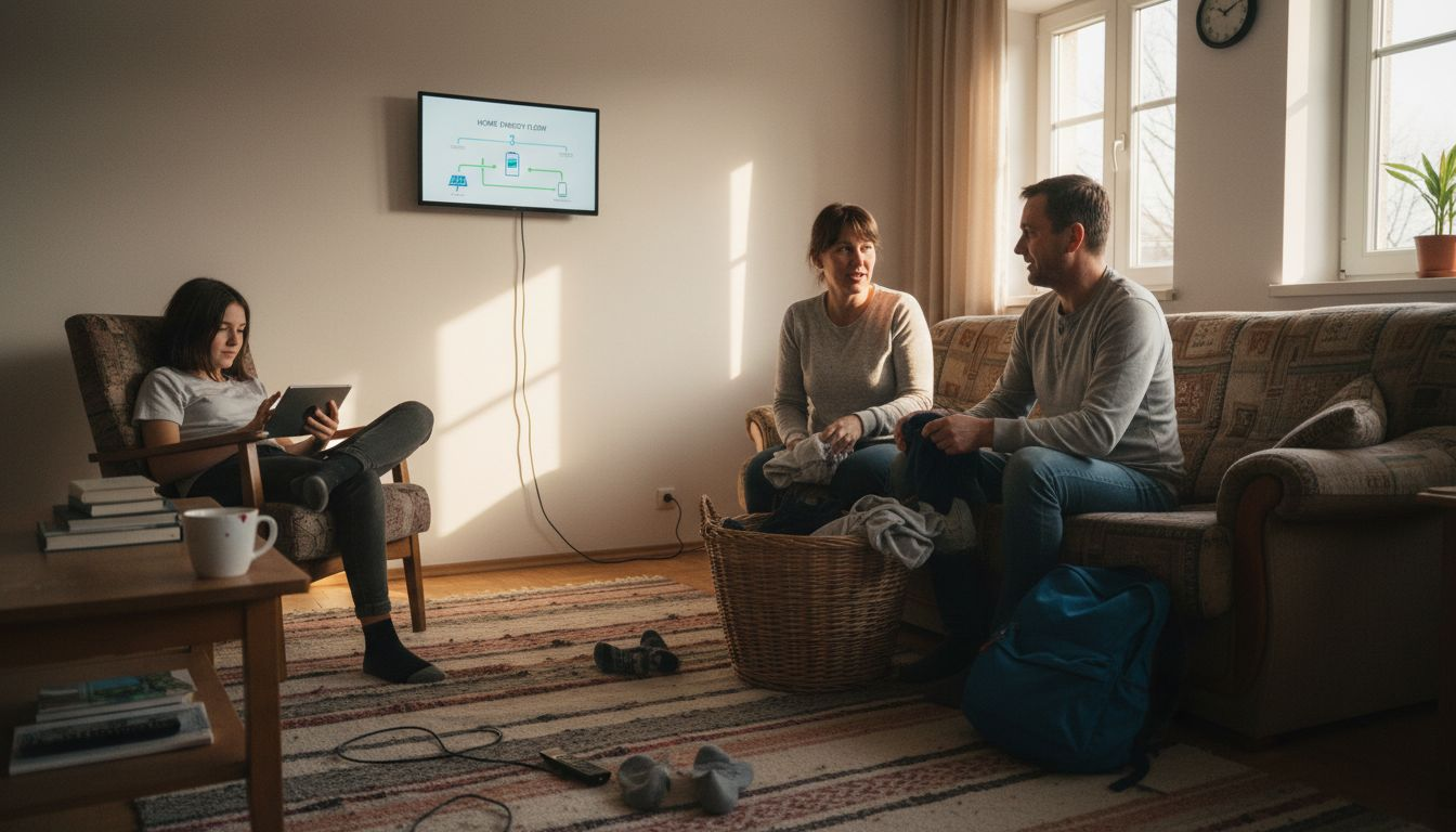 Family manages home energy in evening