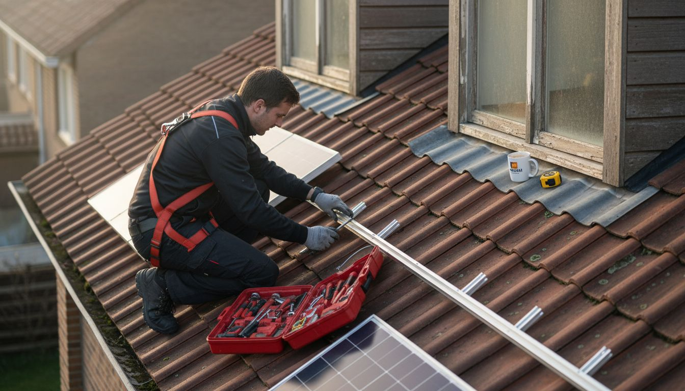 Een installateur is bezig met het leggen van zonnepanelen op een hellend dak.