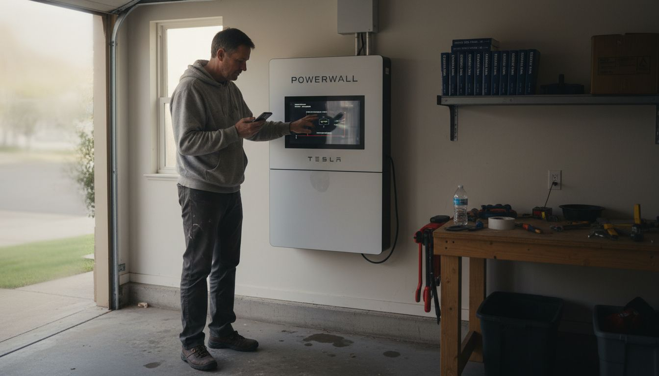 Homeowner checking garage battery storage system