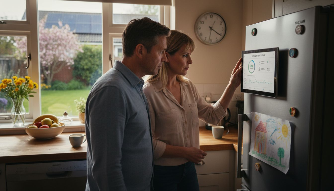 Couple reviewing battery backup in kitchen