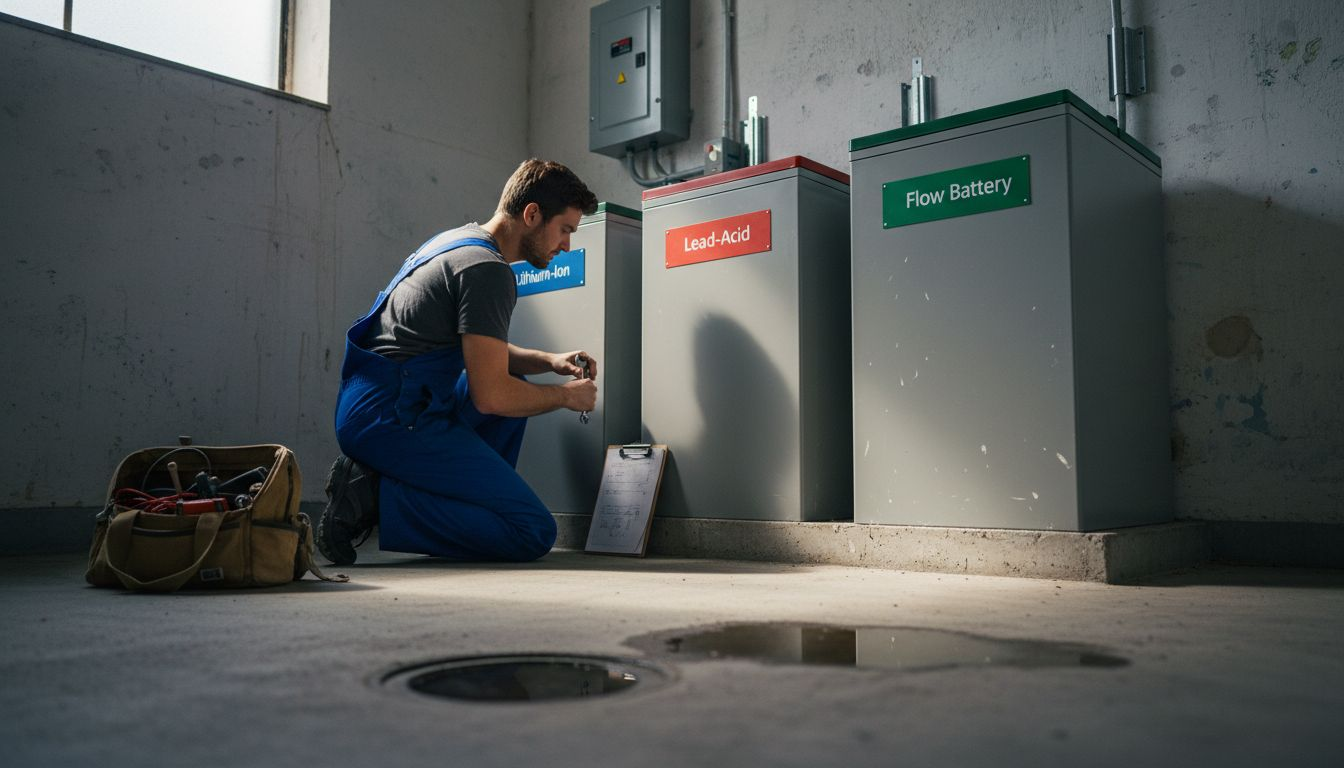 Installer comparing battery types in utility room