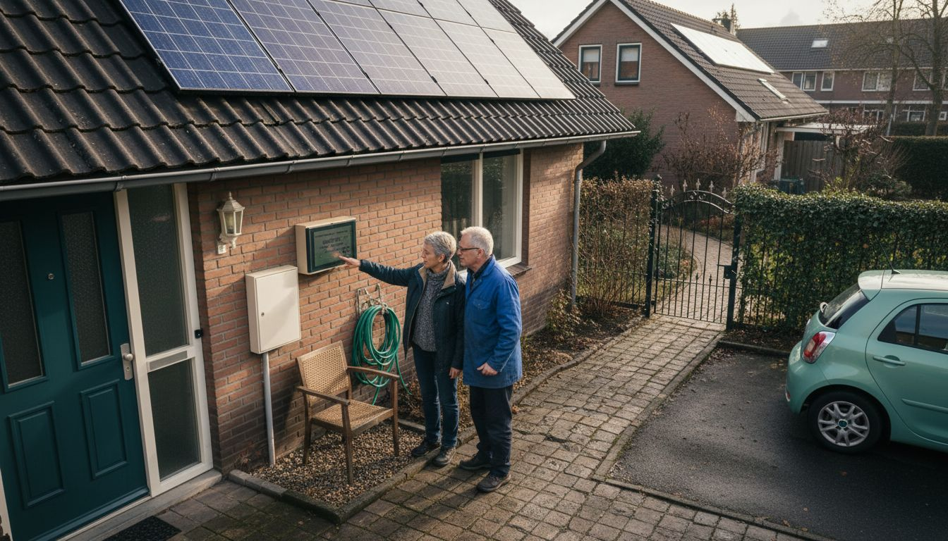 Stelletje voor hun huis met zonnepanelen op het dak