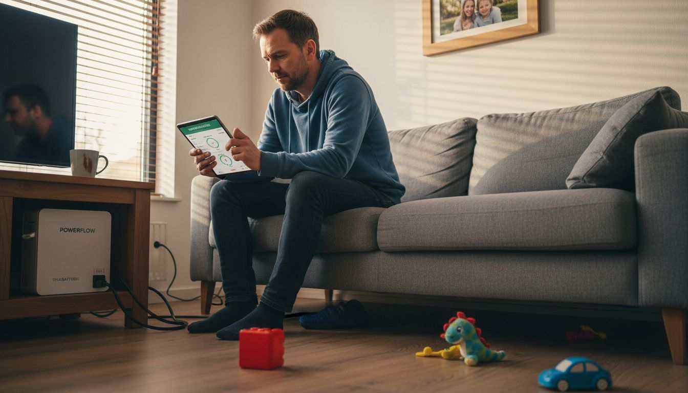 Man houdt het energieverbruik in de woonkamer in de gaten met behulp van een batterij