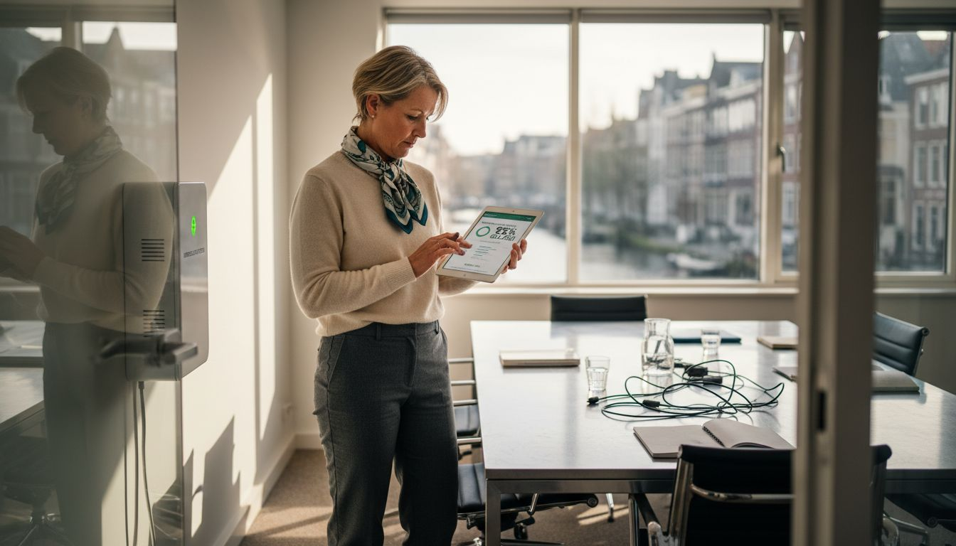 Een manager houdt toezicht op de accuopslag naast de zonnepaneleninstallatie.