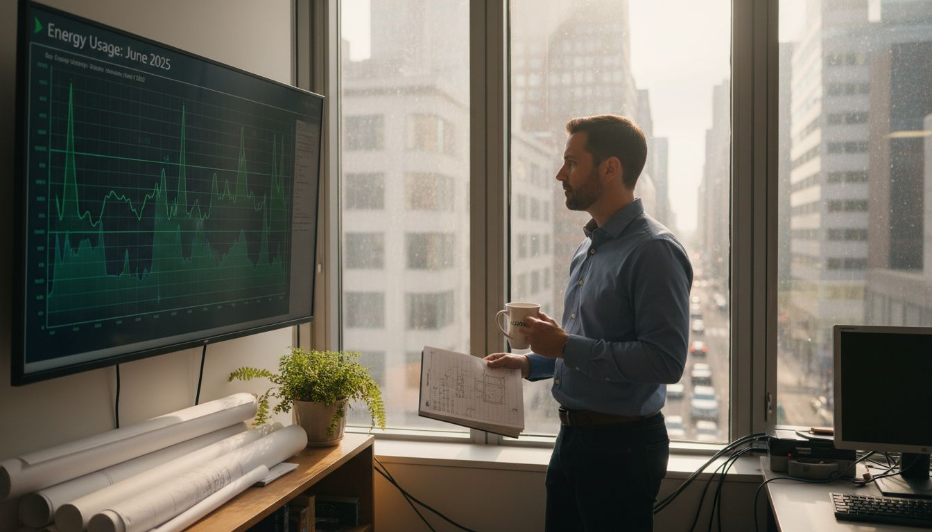 Facilities manager reviews energy storage dashboard