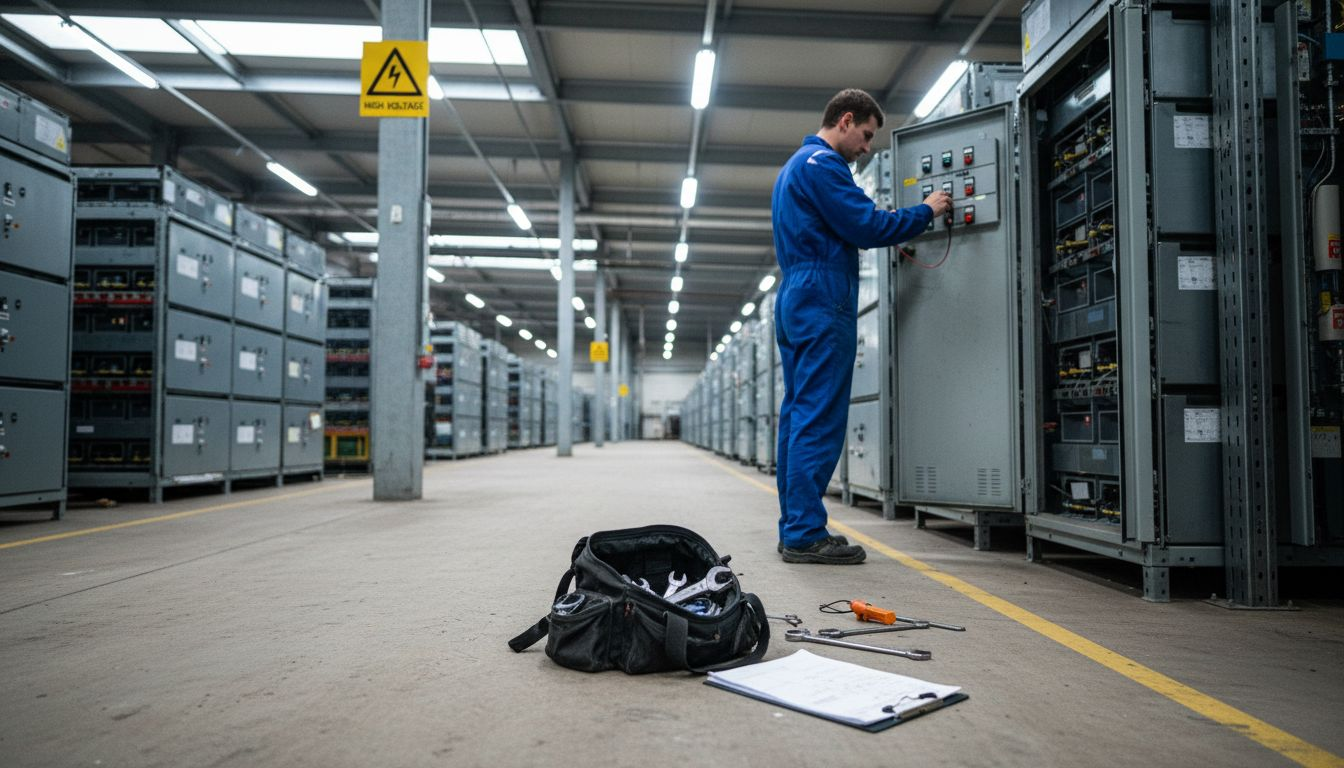 Technician examines industrial battery cabinets