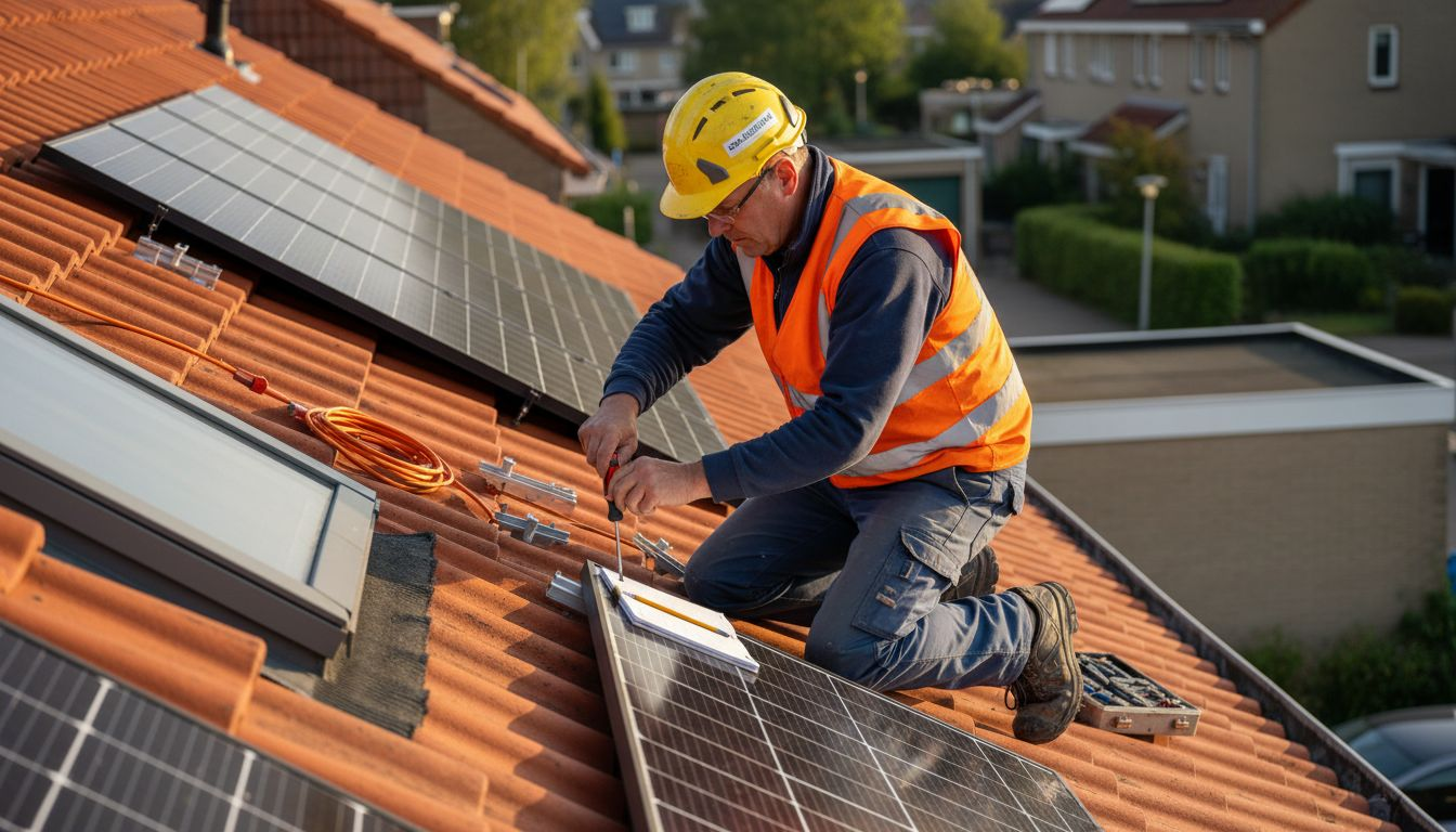 Een installateur plaatst zonnepanelen op het dak van een woning.