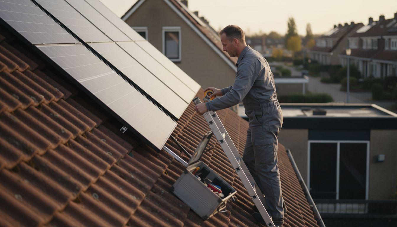 Een installateur is bezig met het plaatsen van zonnepanelen op het dak.