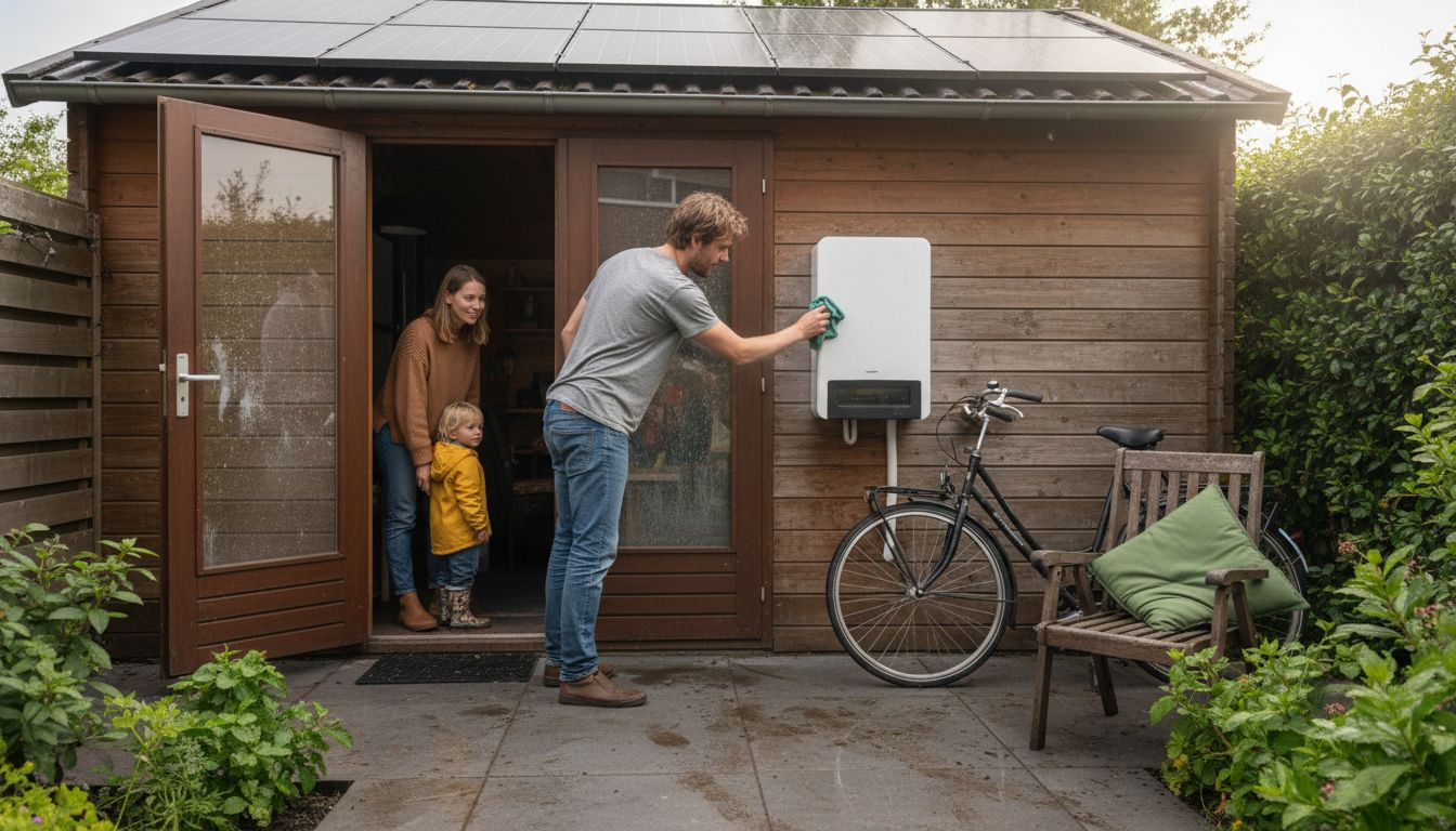 Een huishouden dat zelf energie opwekt met zonnepanelen en die opslaat in een thuisbatterij.