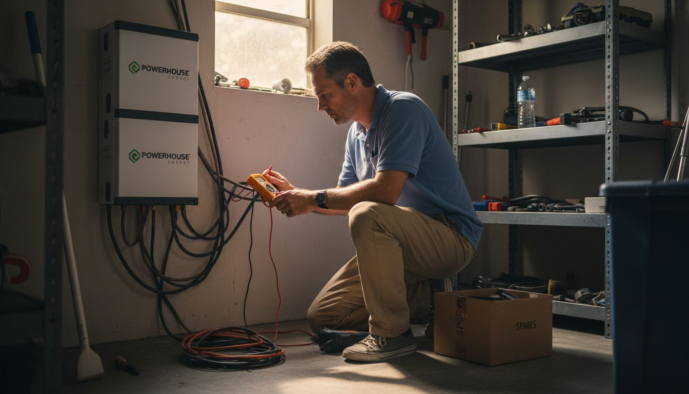 Technician testing home renewable battery setup