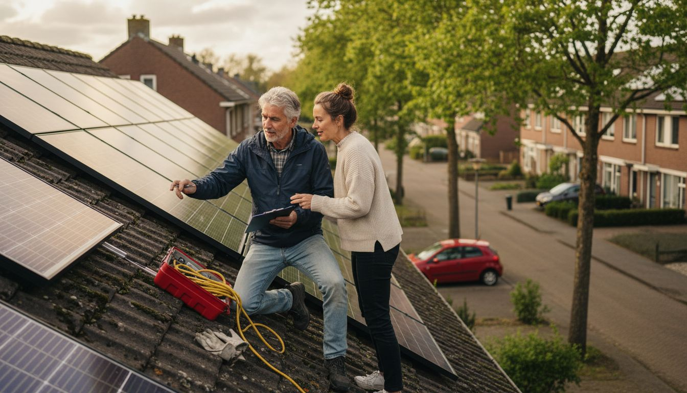 Couple reviewing rooftop solar panel checklist
