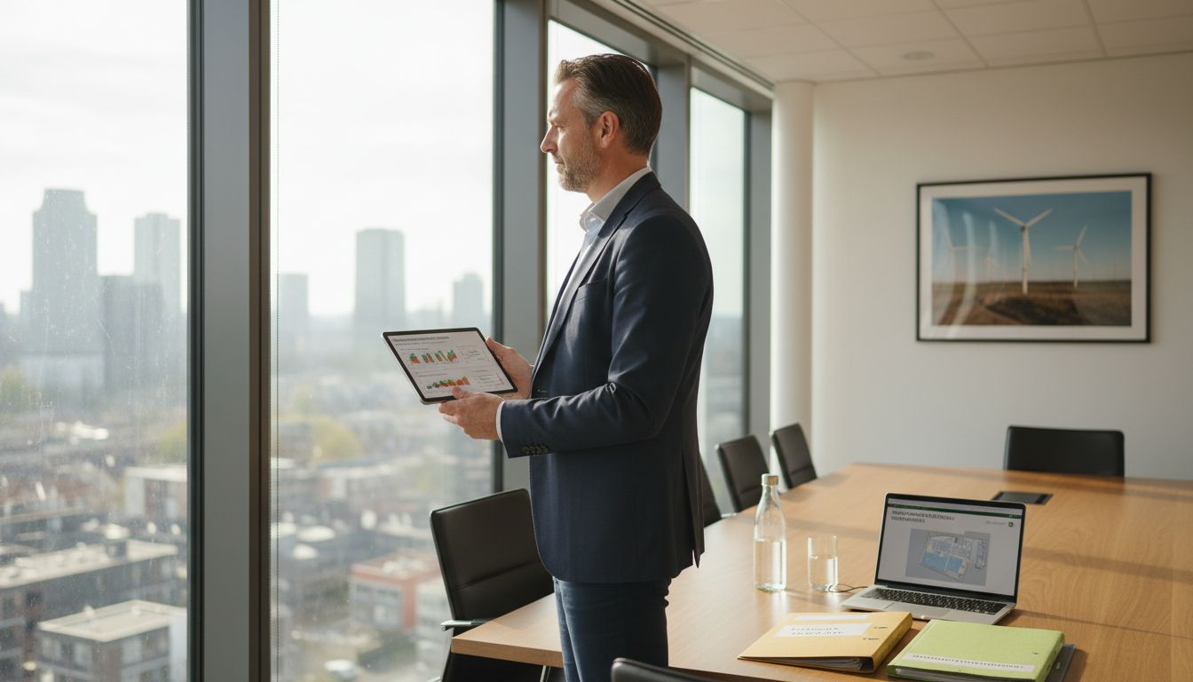 MKB-ondernemer beoordeelt zonne-energieproject op kantoor in de stad