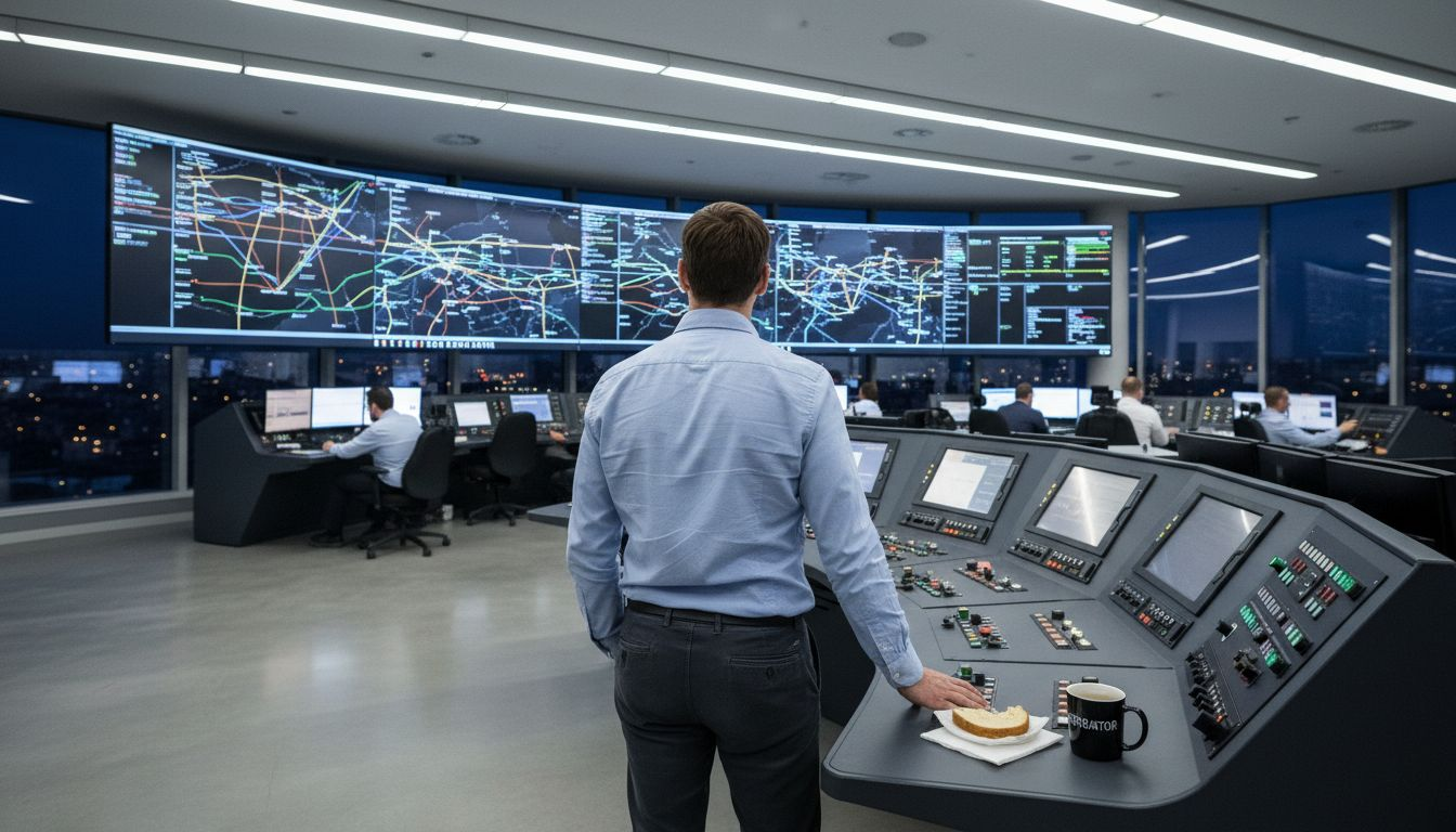 Engineer reviews power grid displays in control room