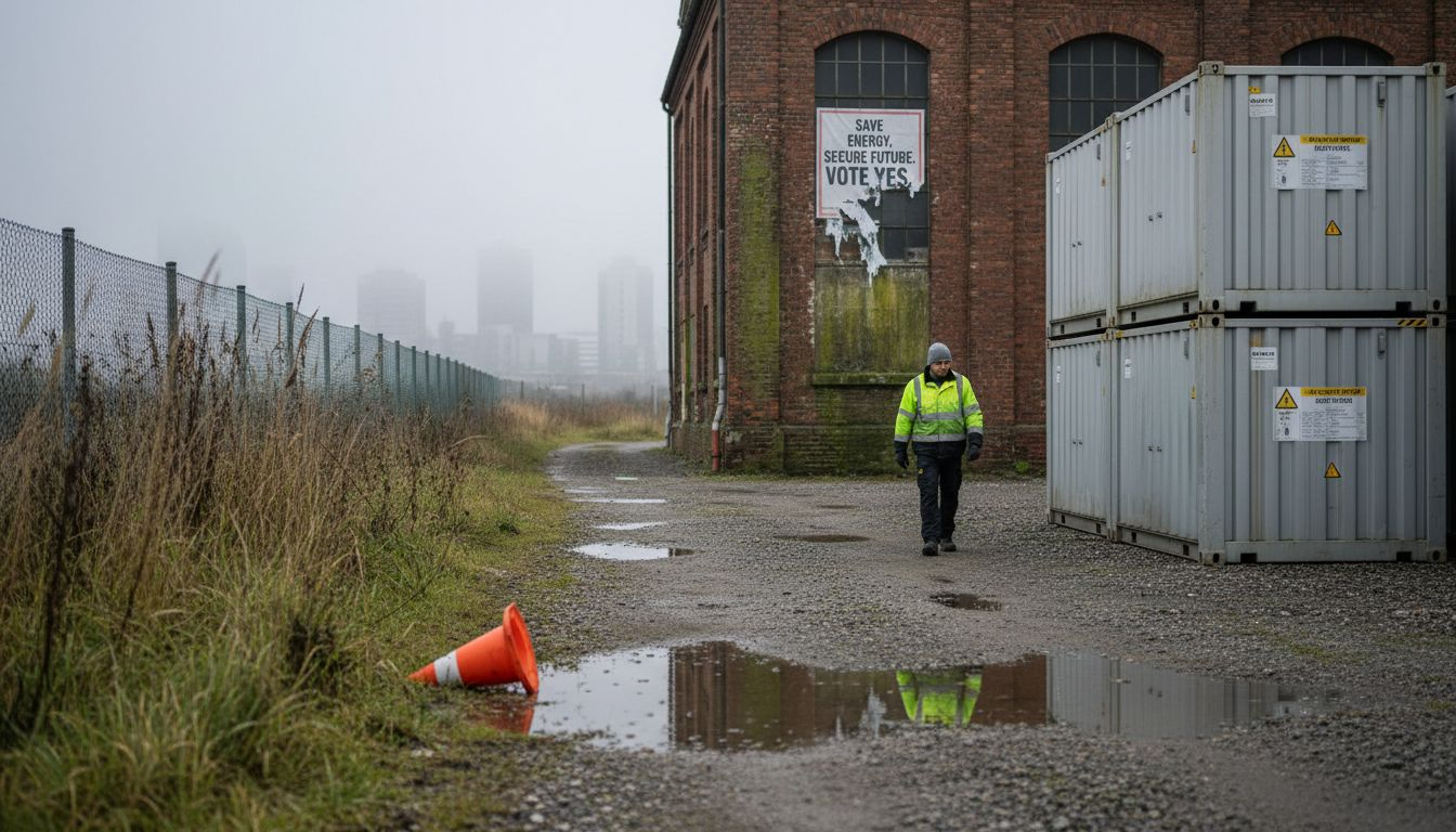 Technician near battery containers at energy facility
