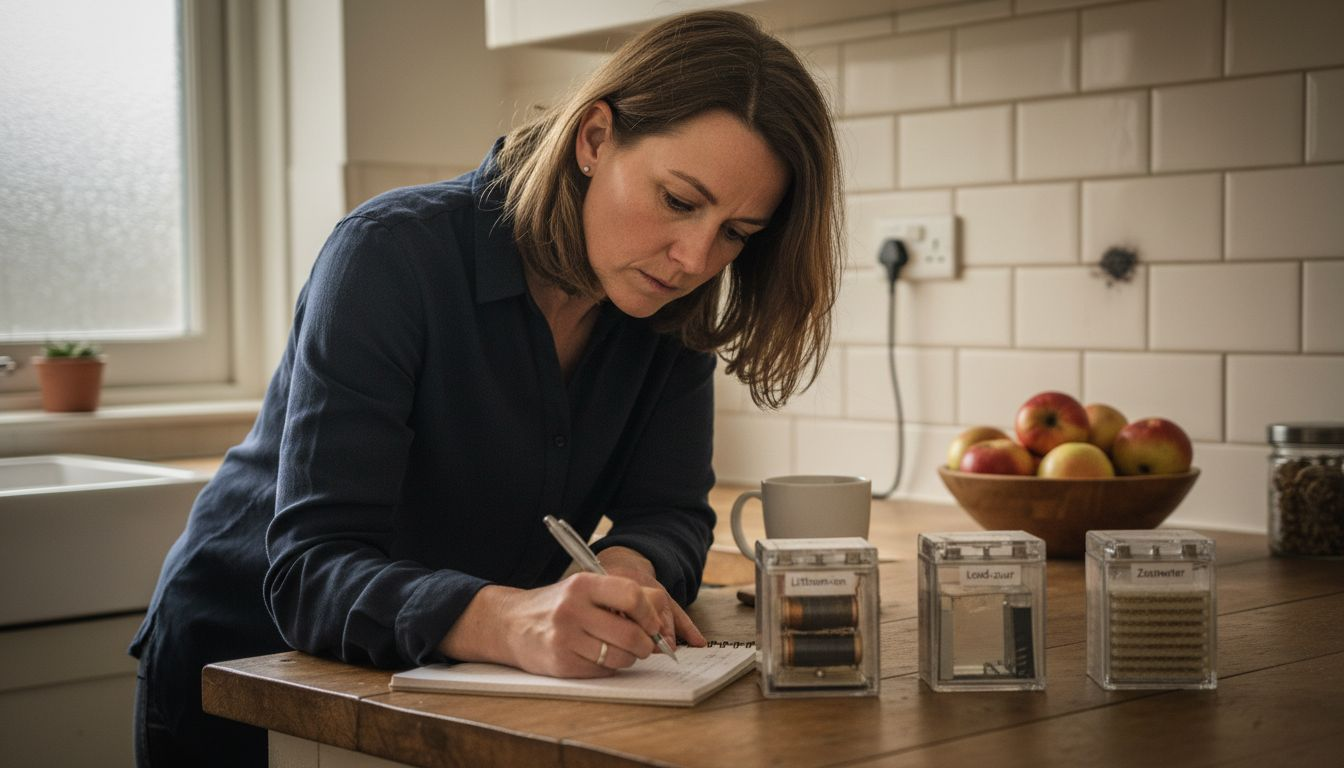 Vrouw die drie verschillende typen thuisaccu’s met elkaar vergelijkt