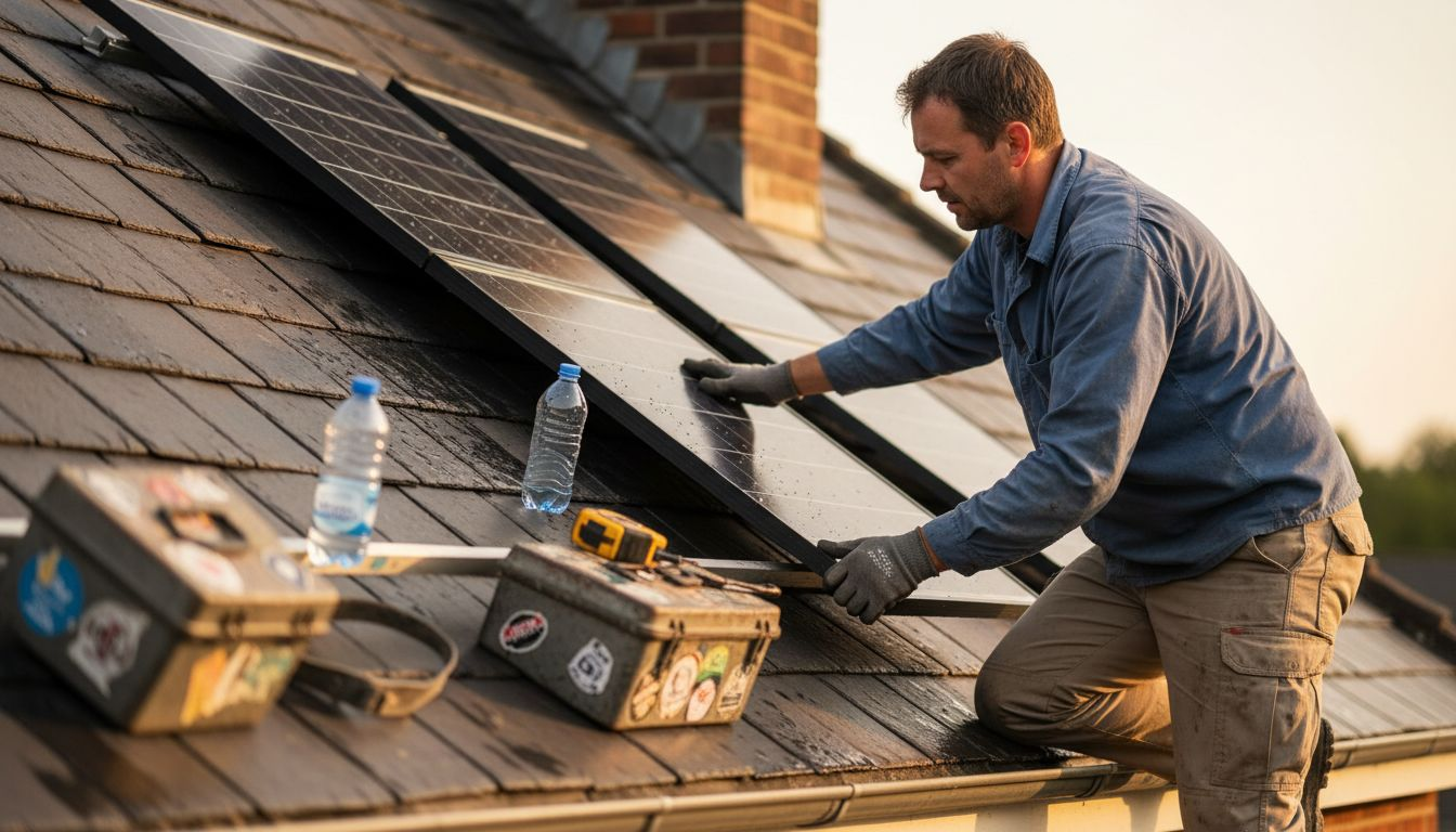 Technician installs PV module in house roof