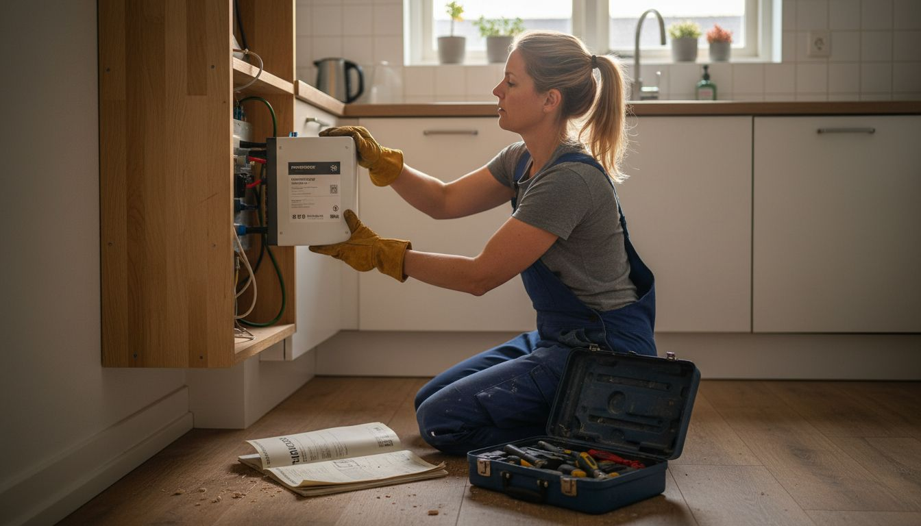 Een vrouwelijke installateur is bezig met het plaatsen van een lithium-ion batterij.