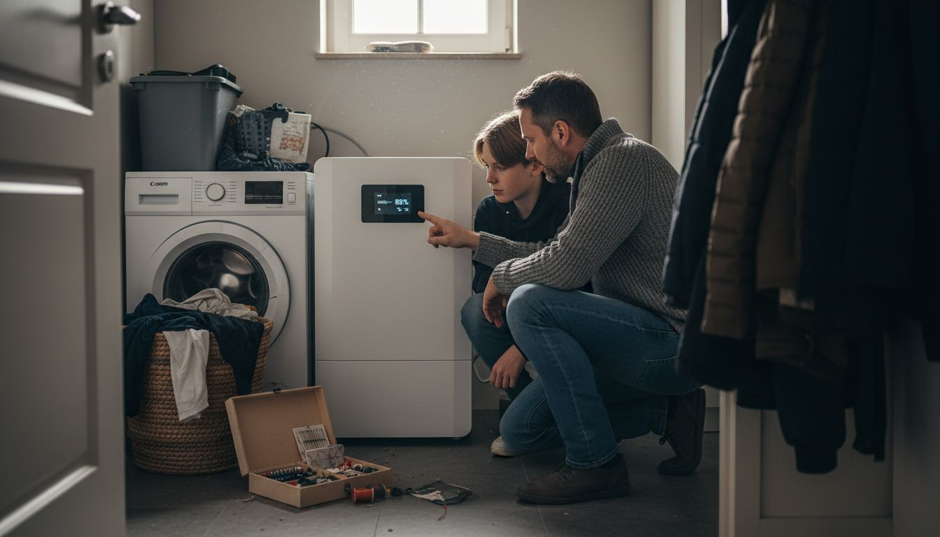 Samen nemen vader en zoon een kijkje bij de thuisbatterij in de bijkeuken om te controleren of alles goed werkt.