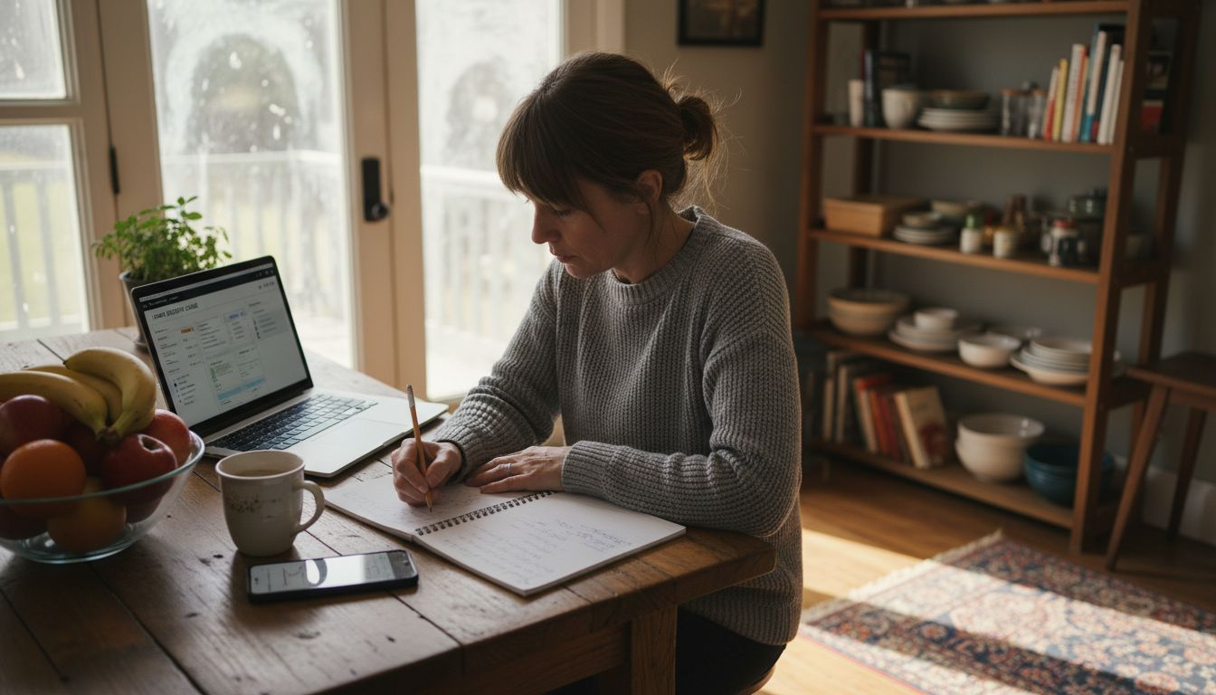 Homeowner reviewing energy usage at kitchen