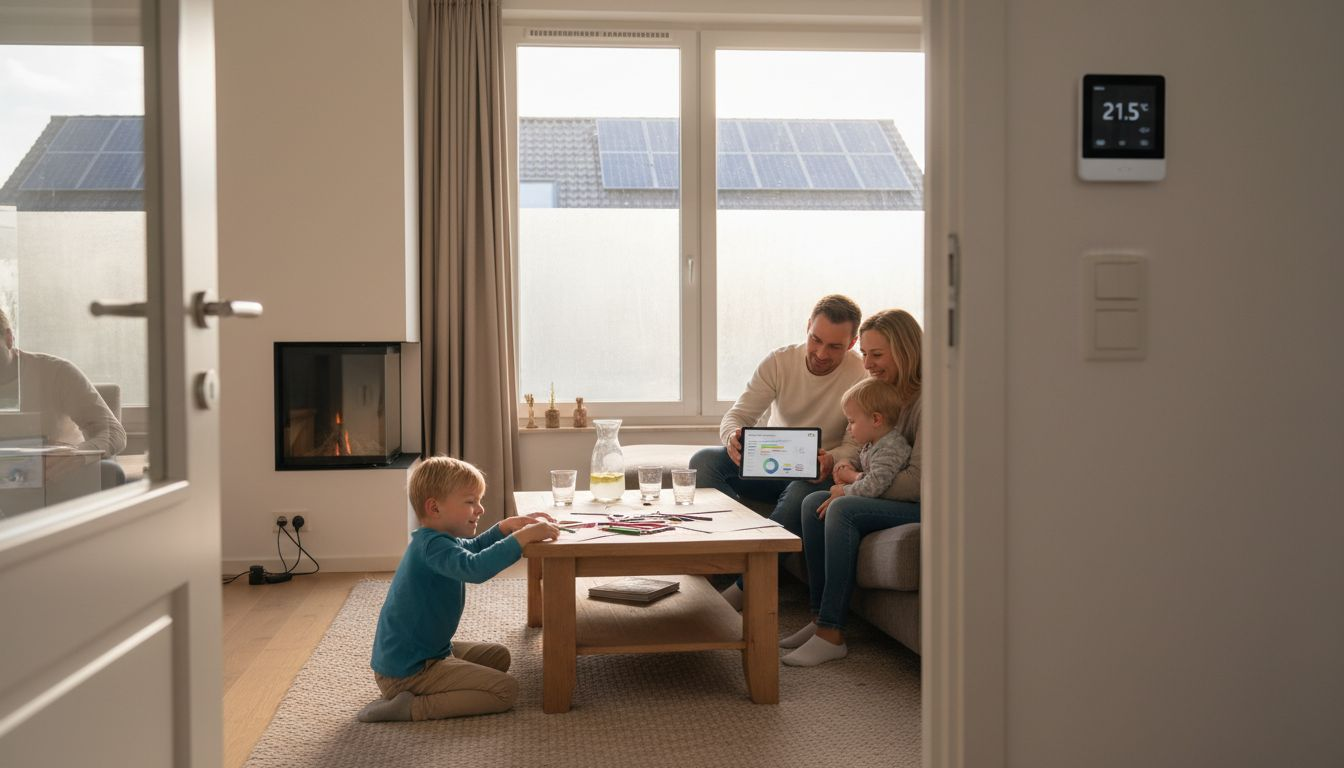 Het gezin houdt in de woonkamer het energieverbruik goed in de gaten.