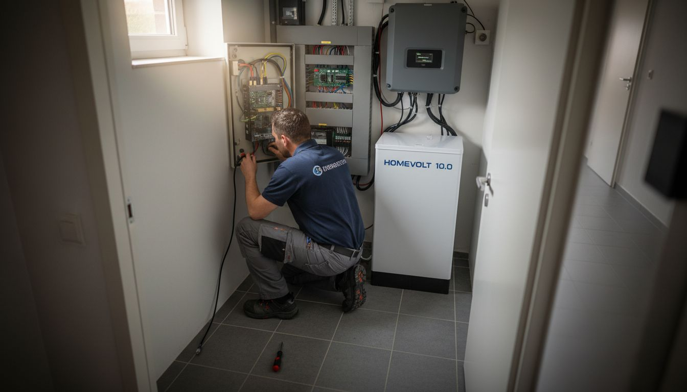 Technische ruimte met batterijopslag, waar een EMS-monteur aan het werk is