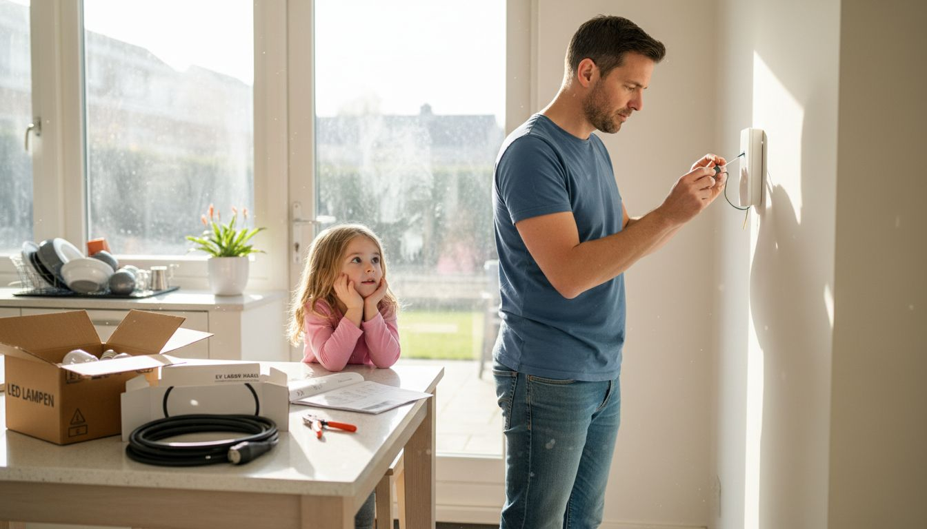 Een gezin dat samen energiebesparende oplossingen in huis installeert.