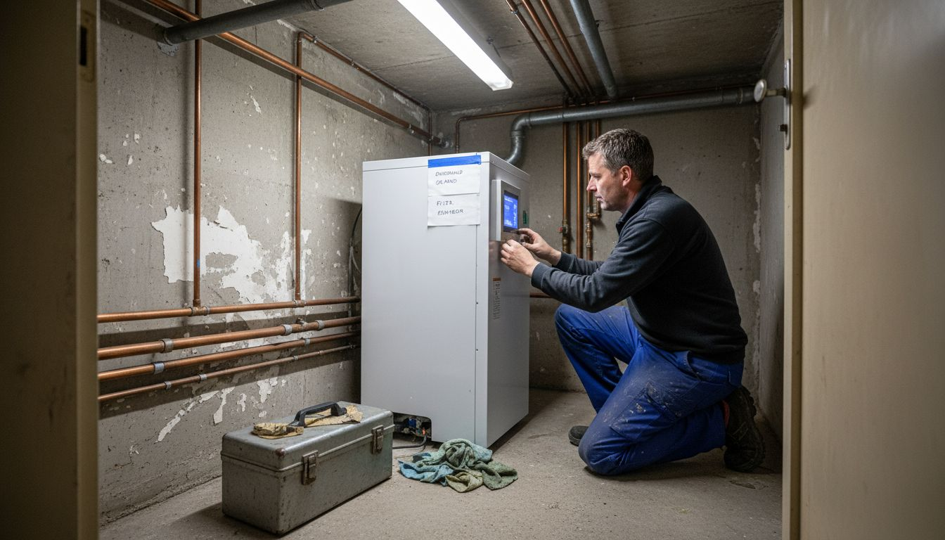 Monteur controleert installatie van warmtepomp
