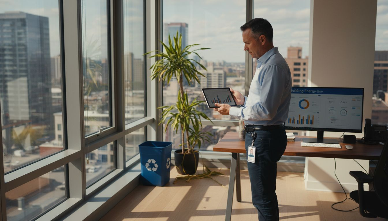Facilities manager reviewing energy dashboard in office