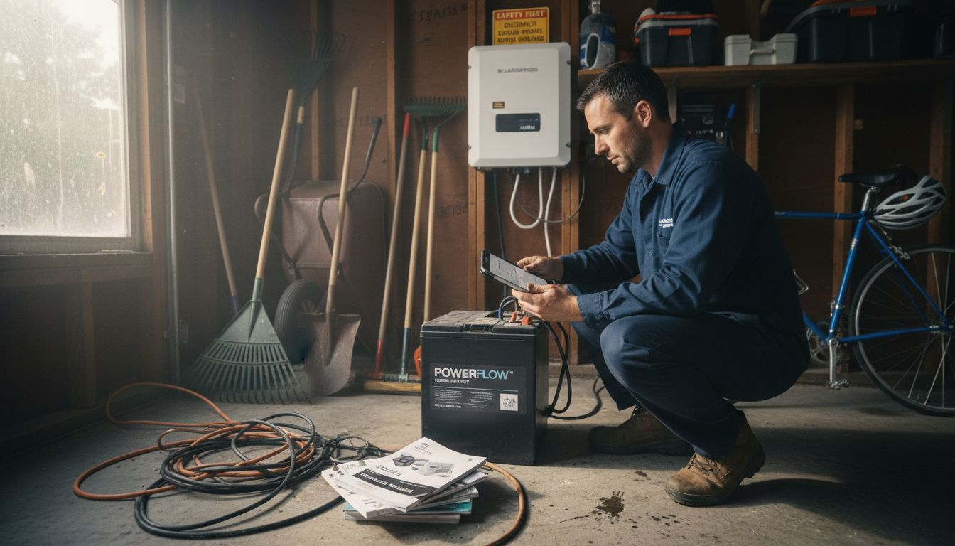 Technician installing solar battery in home garage