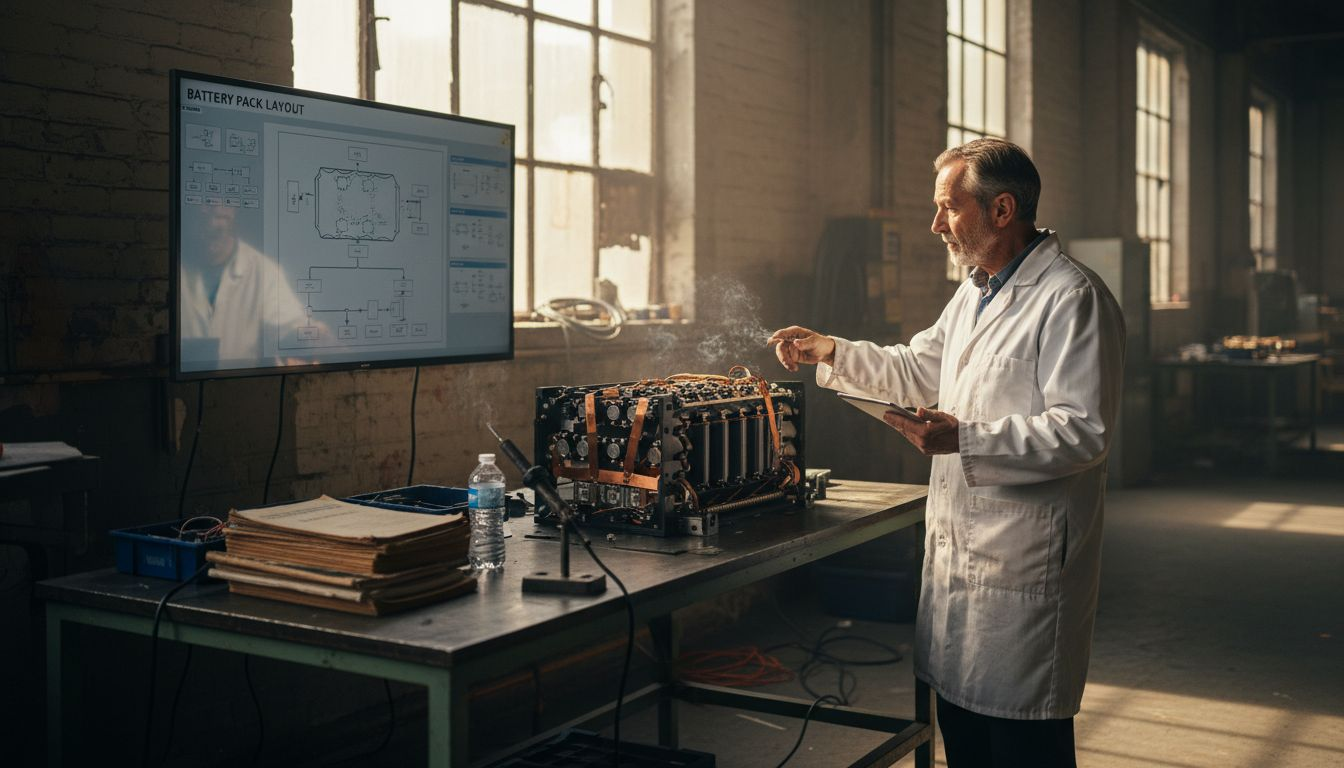 Engineer reviewing battery pack system schematic