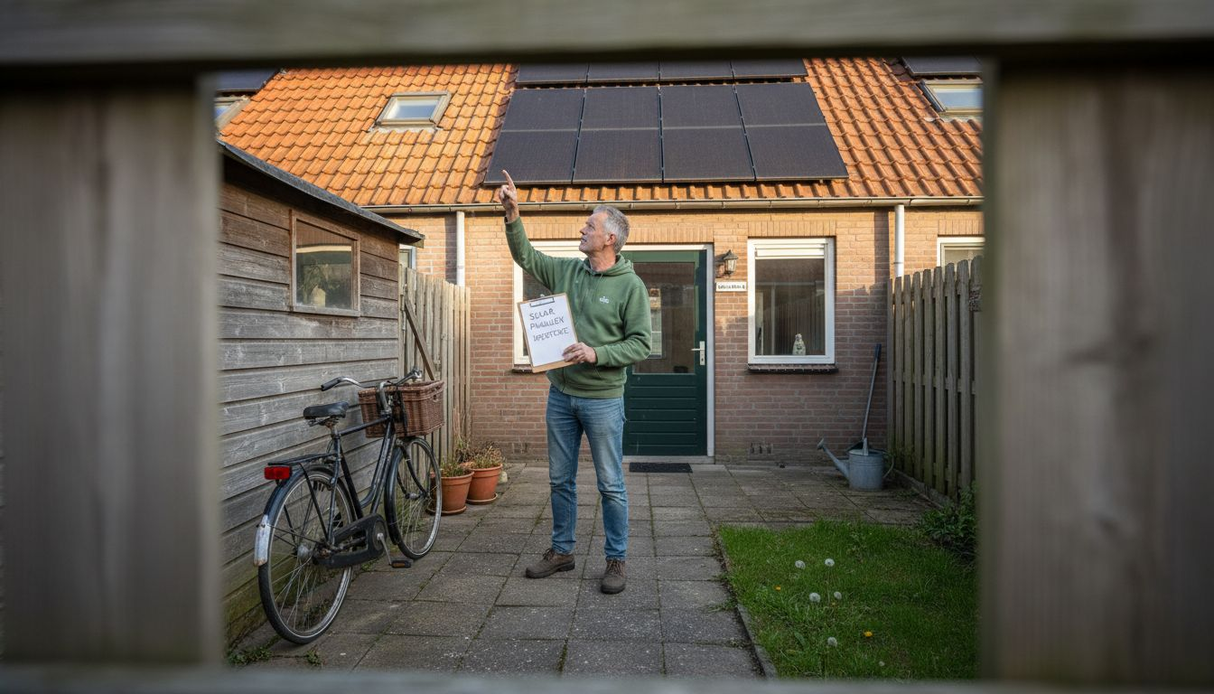 Een woningeigenaar controleert de zonnepanelen op zijn dak.