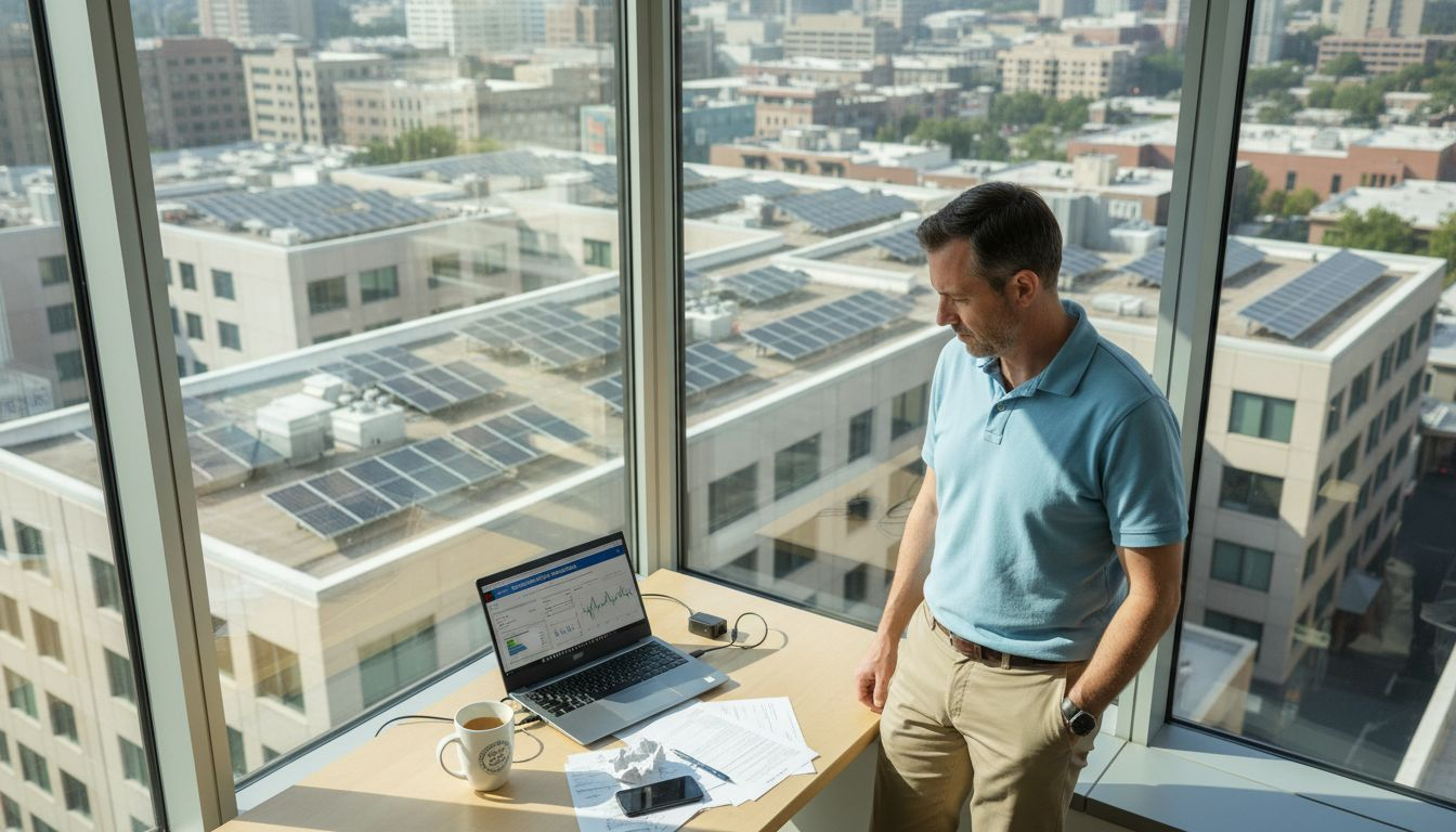 Engineer in office overlooking solar panels
