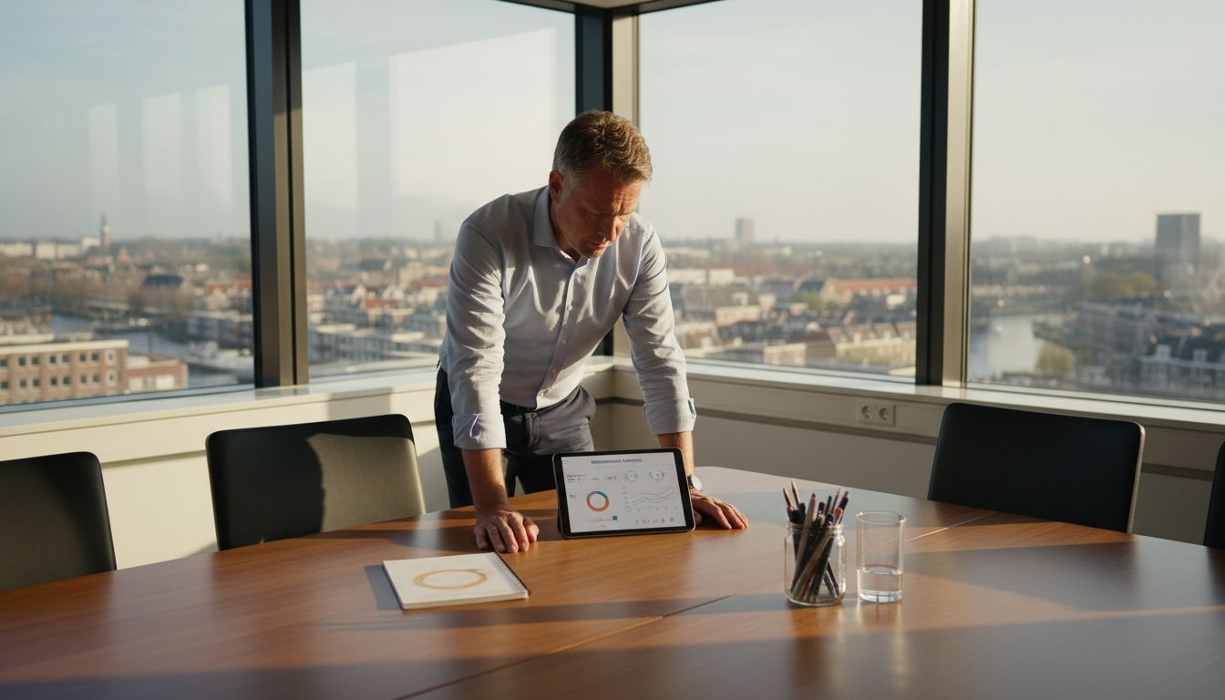 In zijn hoekkamer buigt de manager zich over de energierapportages.