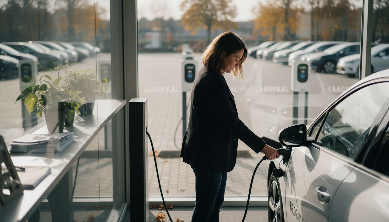 Een medewerker sluit zijn elektrische auto aan op het laadpunt op de parkeerplaats van het kantoor.