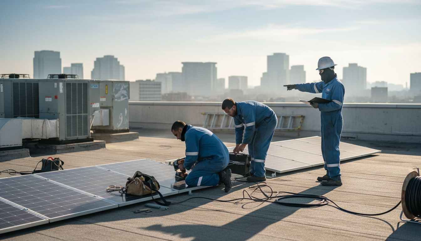 Technicians installing solar panels on rooftop