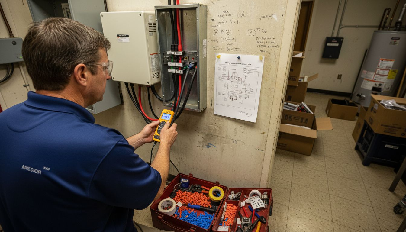 Engineer connects inverter in utility room