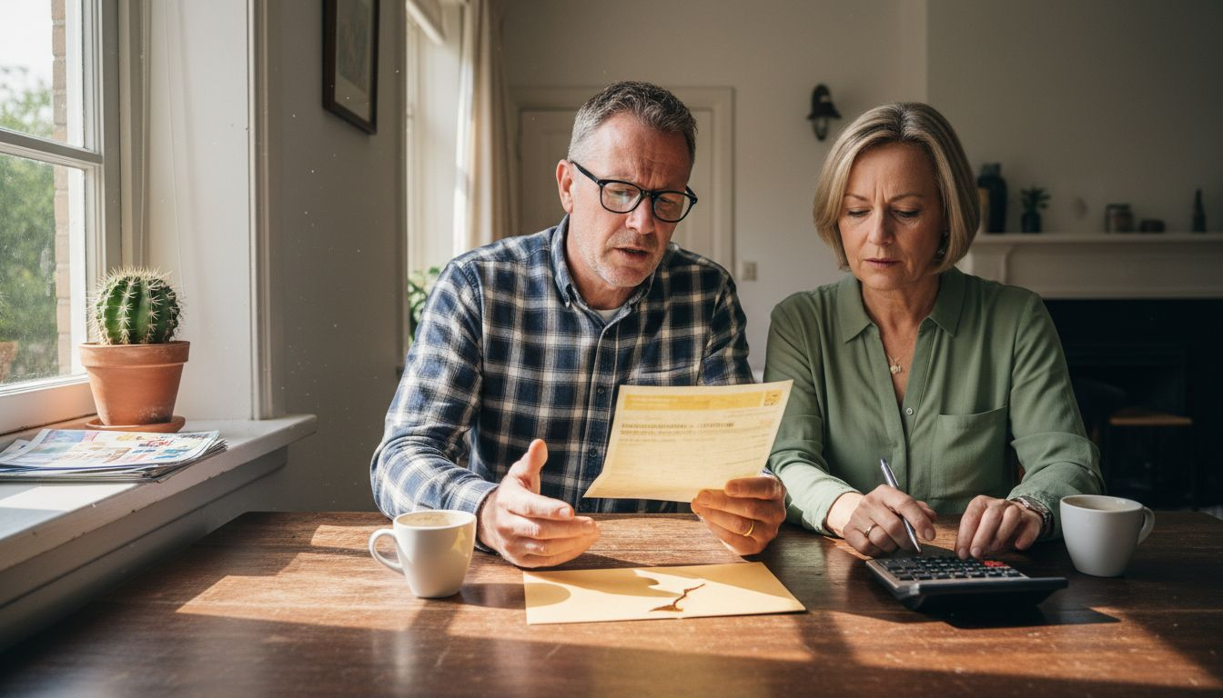 Een stel zit aan de eettafel en bekijkt samen de energierekening.