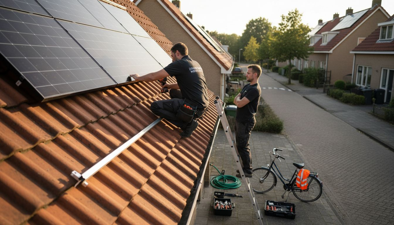 Twee vakmensen zijn bezig met het plaatsen van zonnepanelen op het dak.