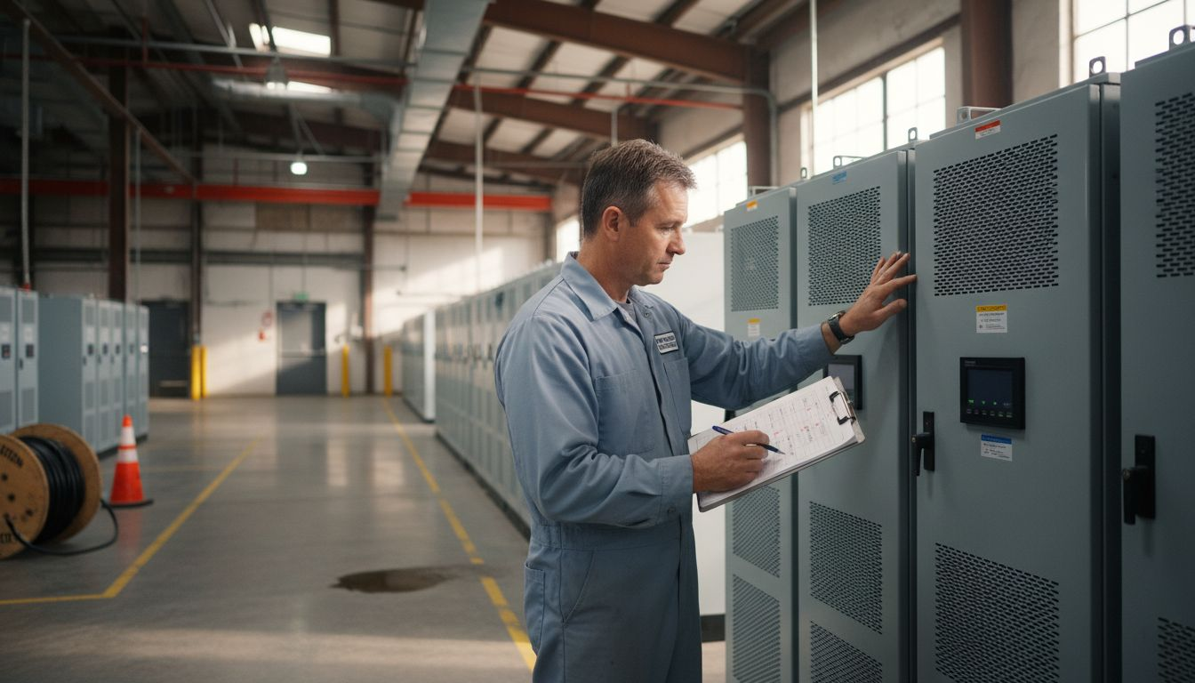 Engineer inspecting commercial energy storage facility
