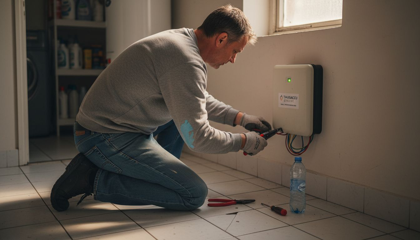 Een monteur plaatst een thuisbatterij bij iemand thuis.