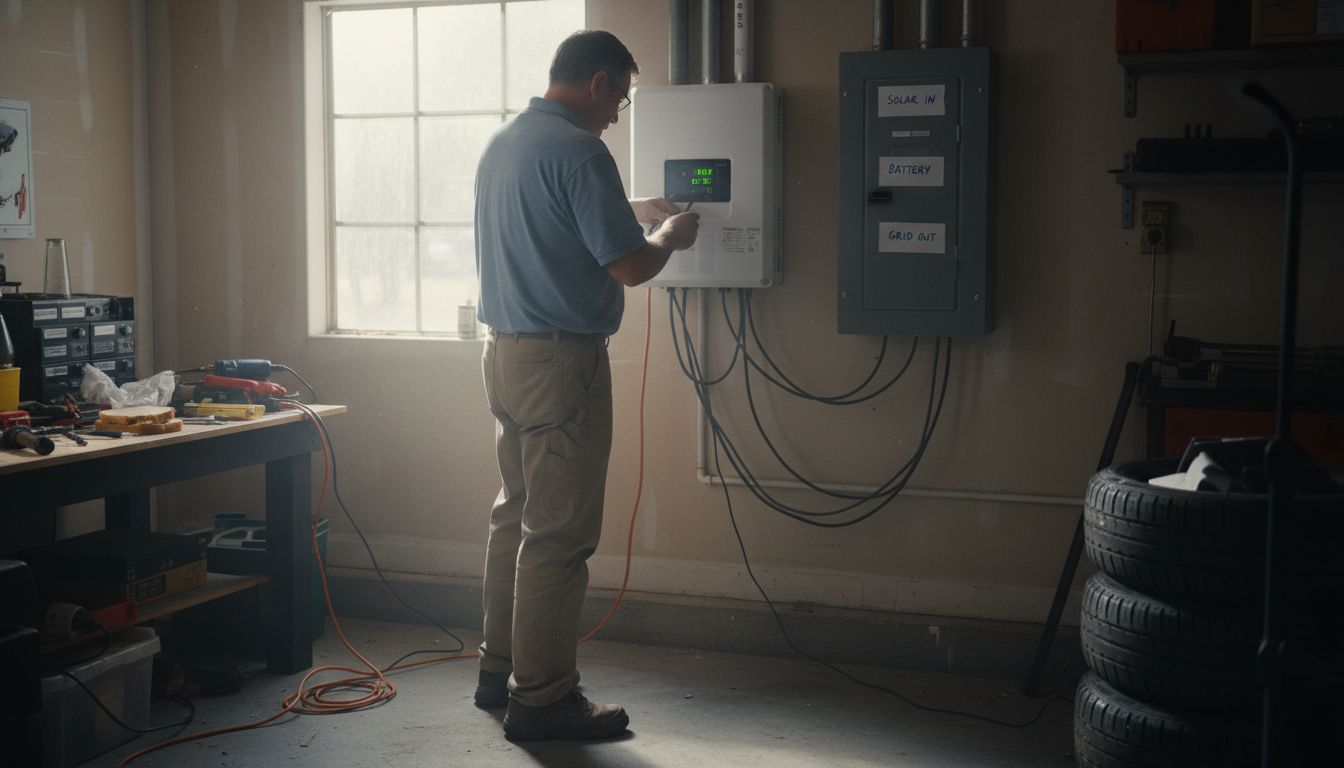 Technician installing solar inverter in garage