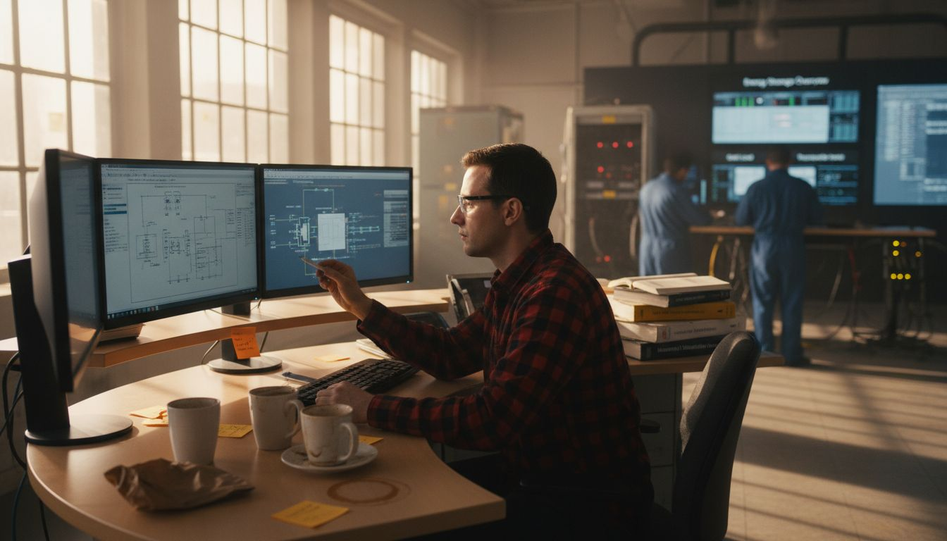 Engineer reviewing battery integration schematics