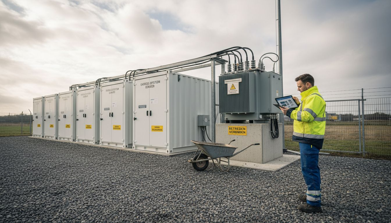 Medewerker aan het werk op een energie-opslaglocatie in de buitenlucht