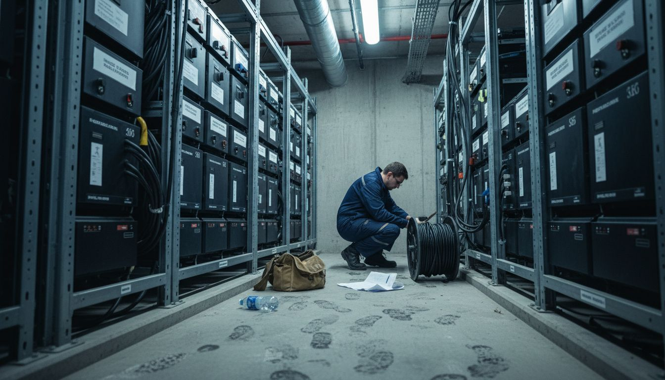 Een technicus controleert de opslagrekken met batterijen.