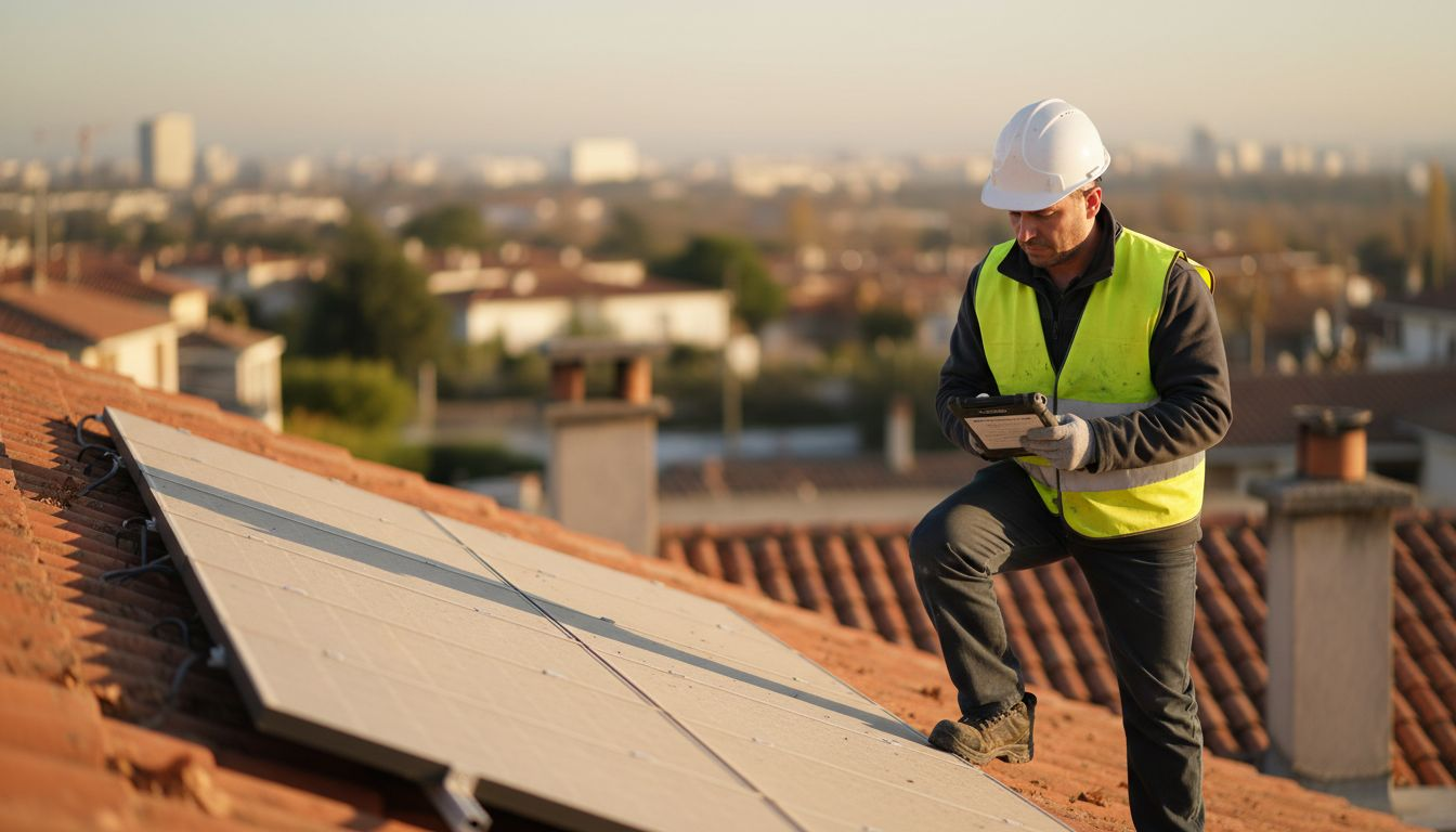 Un professionnel contrôle l’installation des panneaux solaires sur le toit d’une maison.