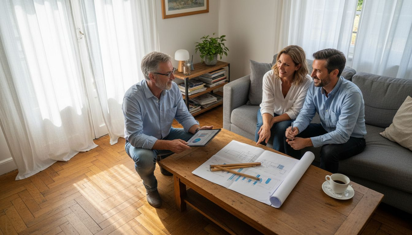 Un conseiller en énergie solaire échange avec une famille chez eux pour leur présenter les avantages de l’installation de panneaux solaires.