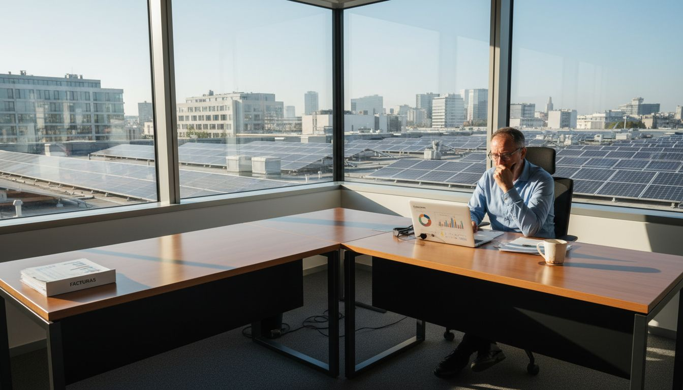 Depuis son bureau, le directeur observe les panneaux solaires installés sur le toit.