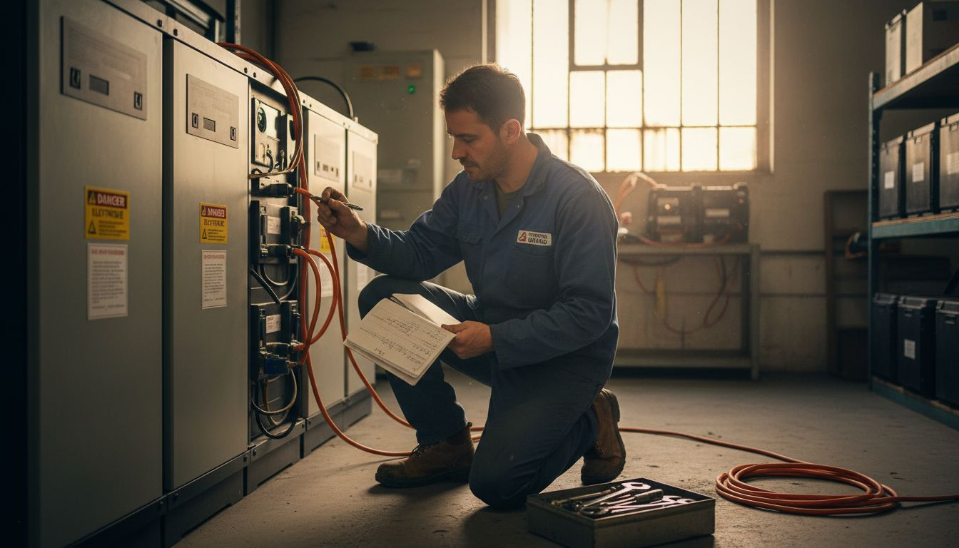 Un technicien procède à la vérification d’un système de stockage d’énergie solaire.