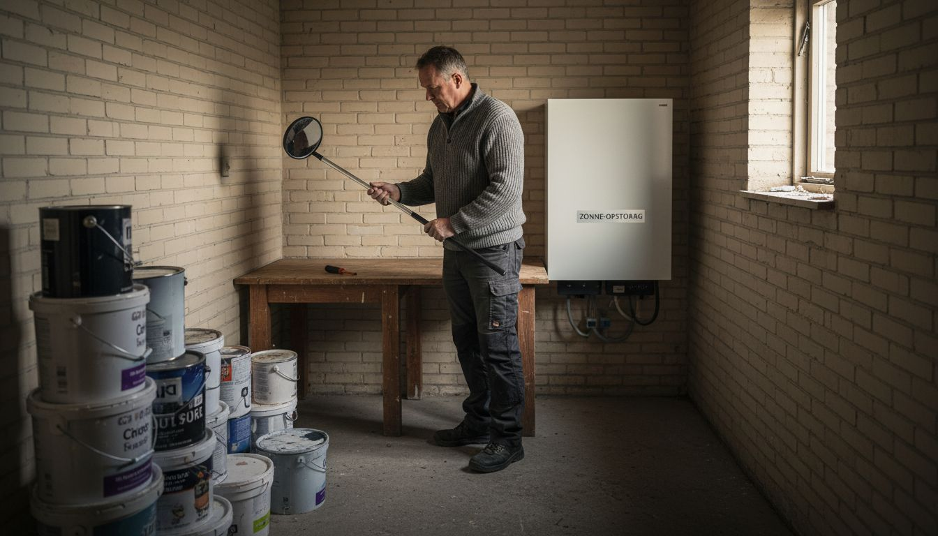 Man kijkt in de bijkeuken hoe het met zijn thuisbatterij staat